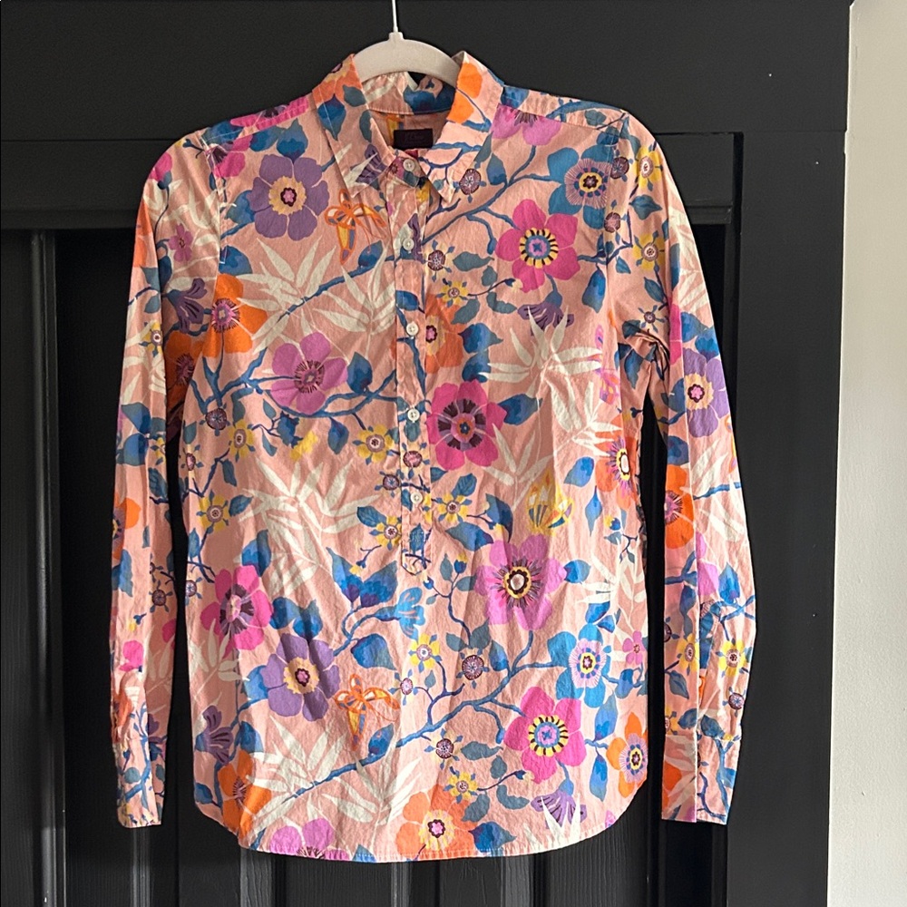 JCrew Liberty Fabric Popover. Vibrant Floral Button Down Shirt size 4